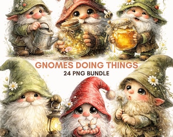 Gnome PNG Bundle Spring Garden Gnome Clipart Watercolor Fantasy Graphics
