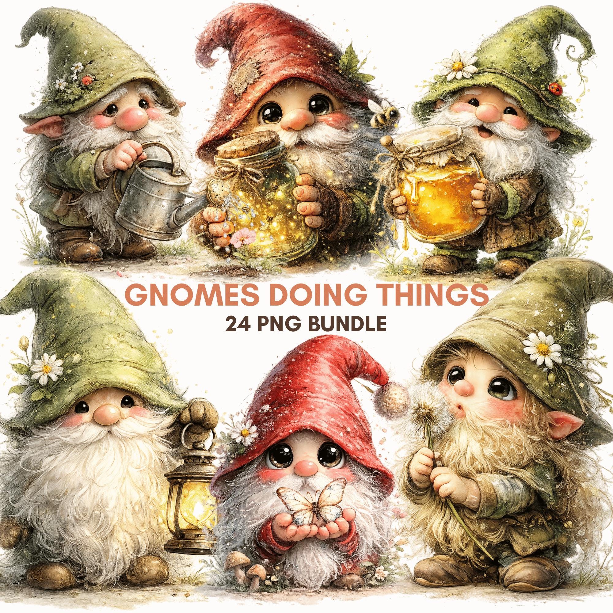 Gnome PNG Bundle Spring Garden Gnome Clipart Watercolor Fantasy Graphics
