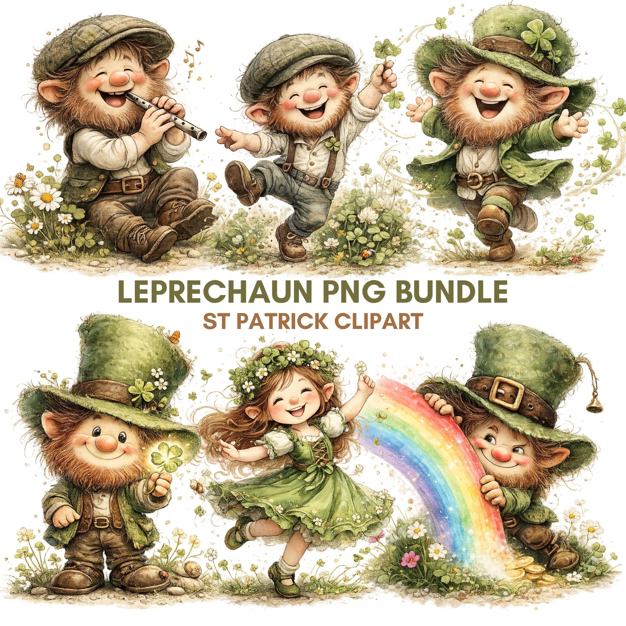 Leprechaun Clipart Bundle, St Patrick Illustrations, Lucky Clover Art (Digital Download)