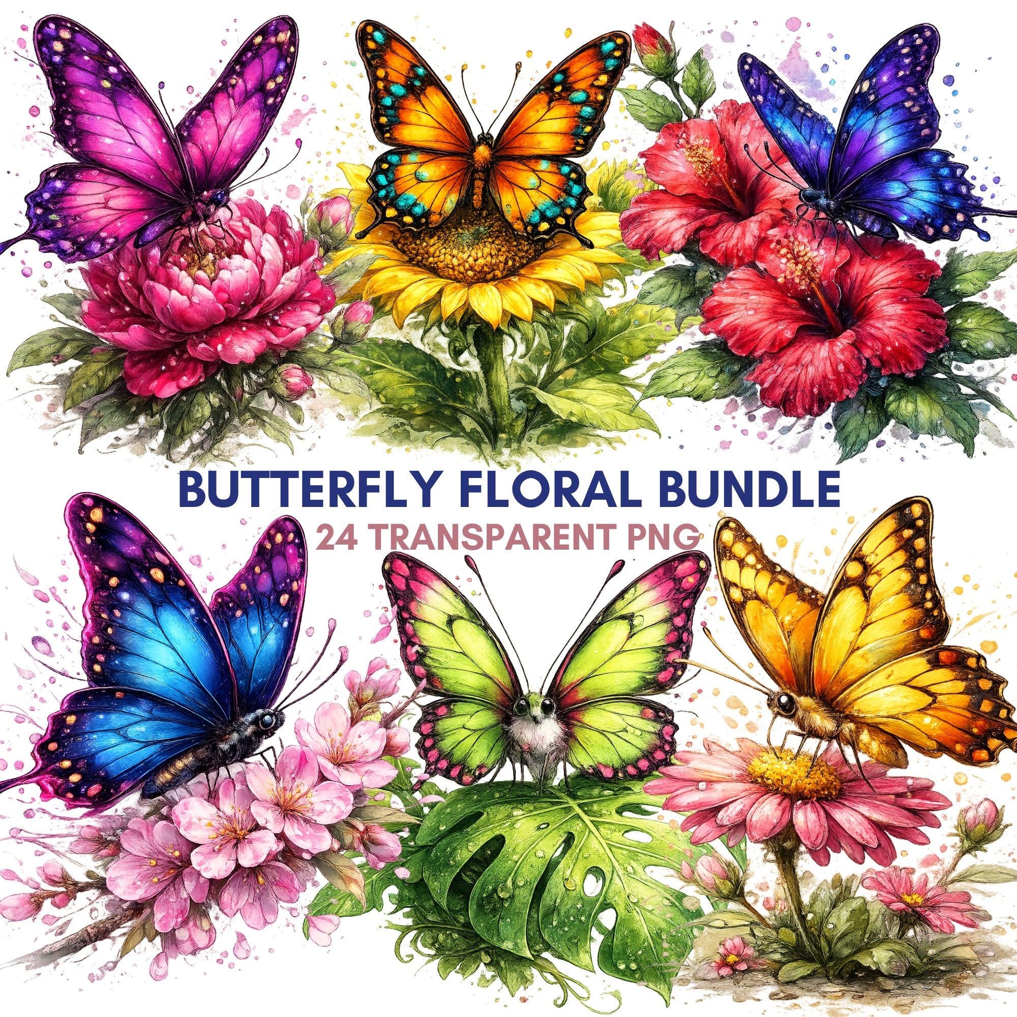 Butterfly Clipart PNG Watercolor Floral Bundle Colorful Garden Illustration Set