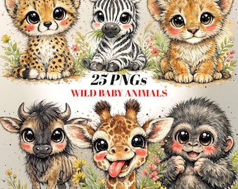 Safari Baby Animals Clipart PNG, Watercolor Nursery Set, Baby Shower Decor