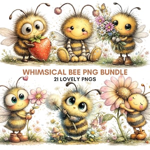 May include: A whimsical digital art image featuring six cartoon bees with large eyes and wings. The bees are yellow and black, holding flowers, a strawberry, and a dandelion. The text "WHIMSICAL BEE PNG BUNDLE" and "21 LOVELY PNGS" is displayed.
