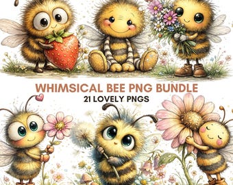 Whimsical Bee Clipart Bundle PNG Watercolor Bumblebee Floral Nursery Artwork