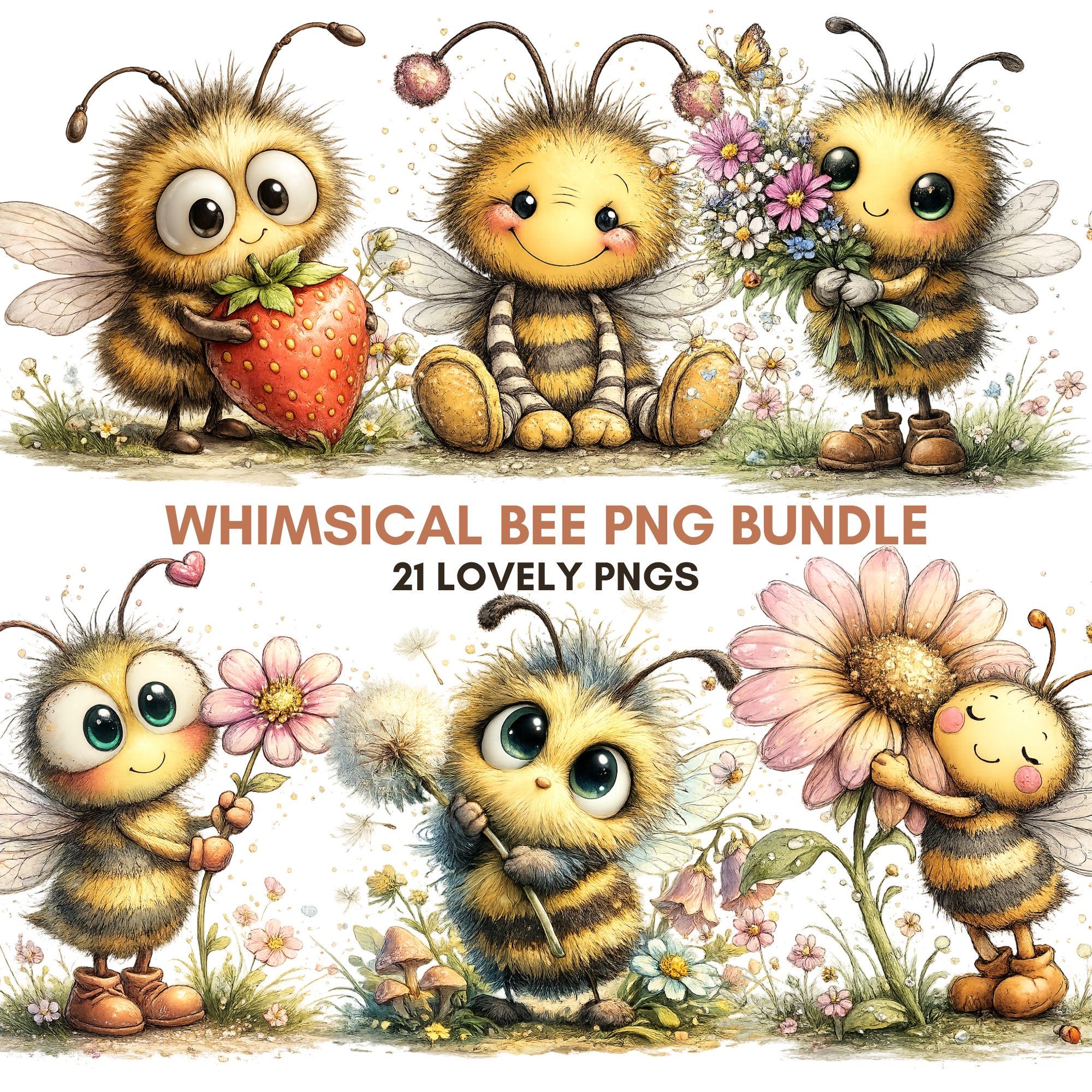 Whimsical Bee Clipart Bundle PNG Watercolor Bumblebee Floral Nursery Artwork