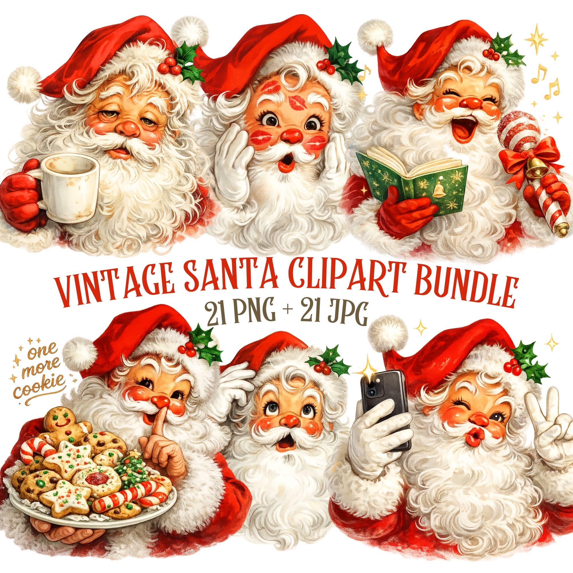 Vintage Santa Clipart Collection | Christmas Design Bundle | 21 PNG and 21 JPG | Digital Download