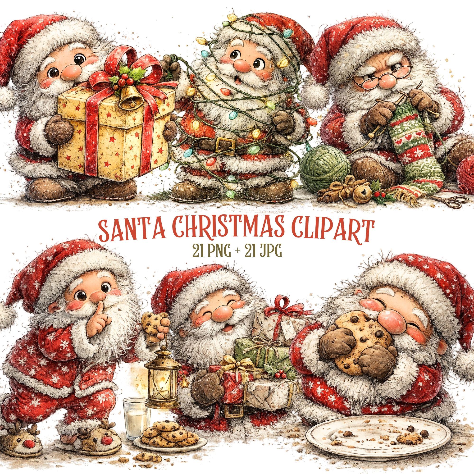 Santa Christmas Clipart – Festive Illustrations – Holiday Digital PNG Set - Digital download
