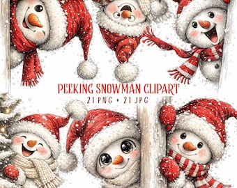 Peeking Snowman Watercolor Clipart - Festive PNG + JPG Digital Download