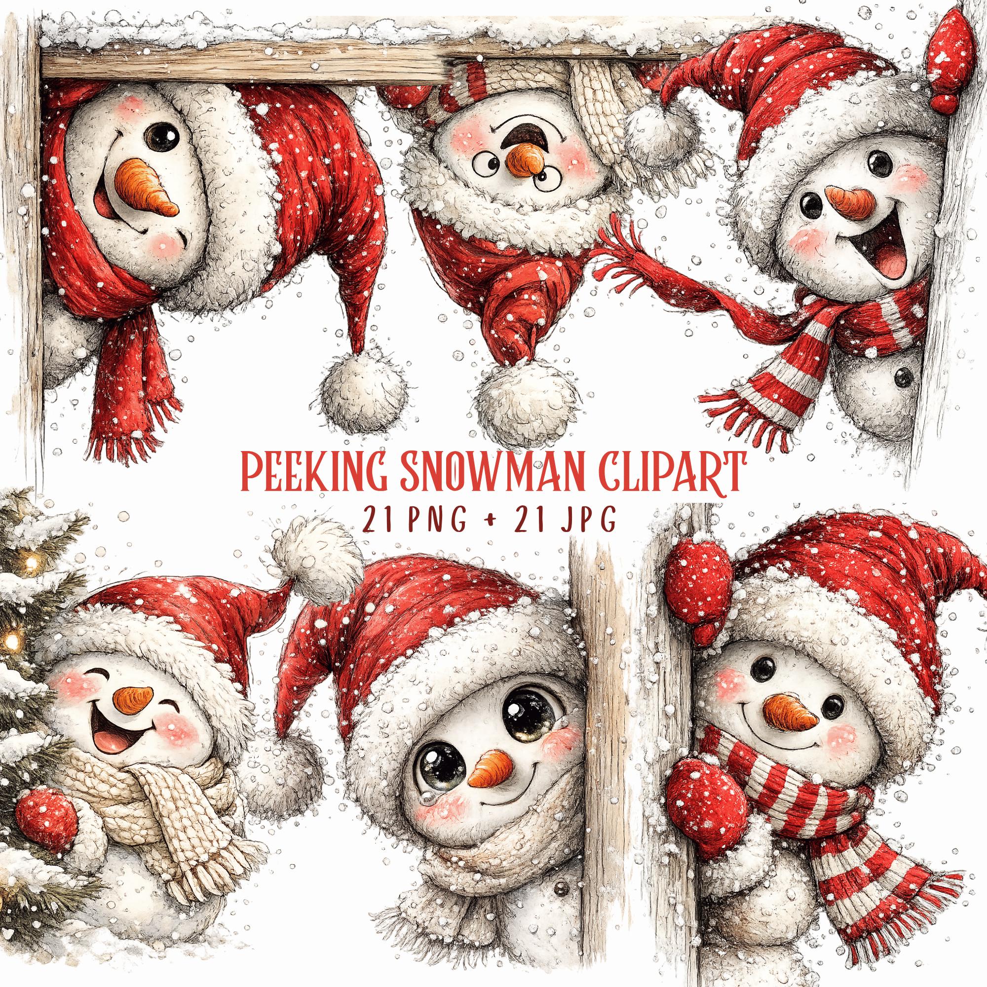 Peeking Snowman Watercolor Clipart - Festive PNG + JPG Digital Download