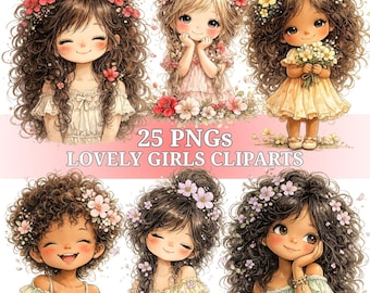 Girls Clipart Bundle, Watercolor Floral PNG, Little Girl Illustrations, Sublimation Designs, Commercial Use