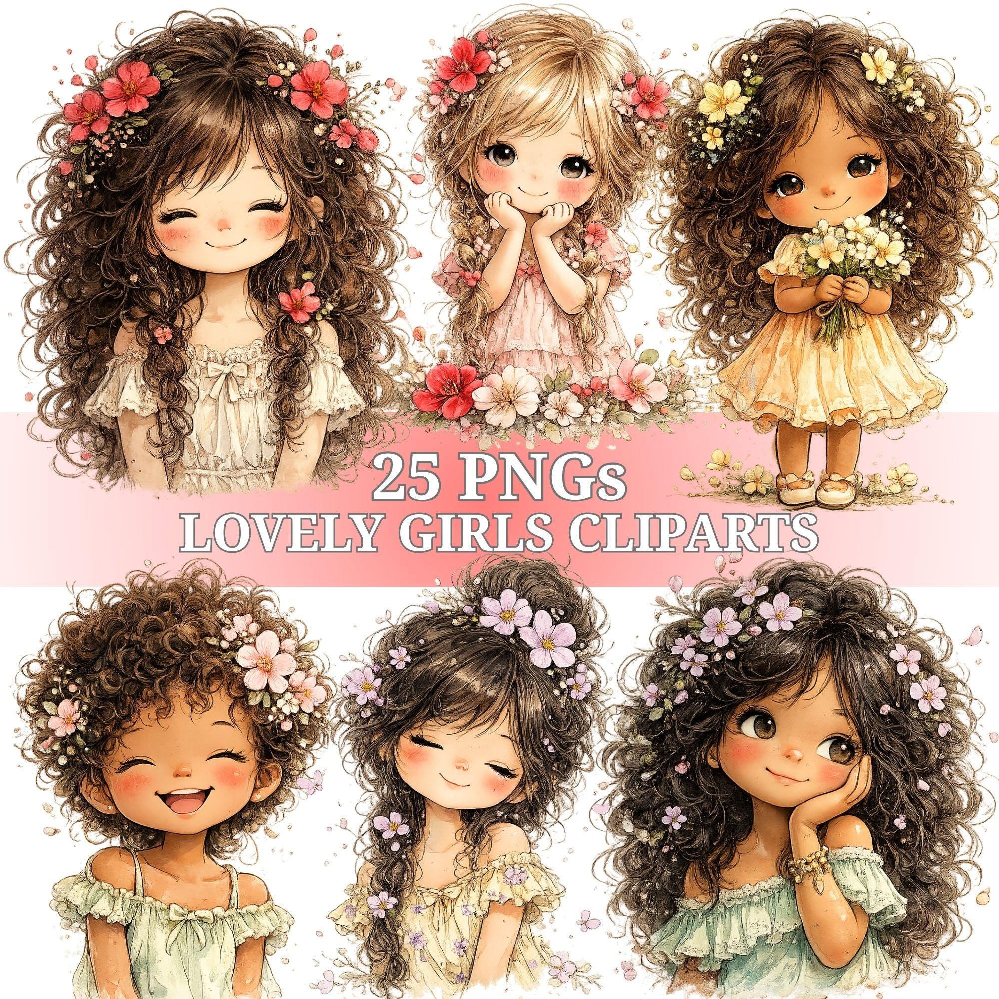 Girls Clipart Bundle, Watercolor Floral PNG, Little Girl Illustrations, Sublimation Designs, Commercial Use