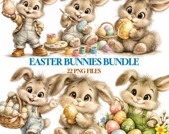 Bunny Watercolor Illustrations | Rabbit Clipart PNG Bundle | 22 Transparent Files | High Resolution 300 DPI | Commercial Use