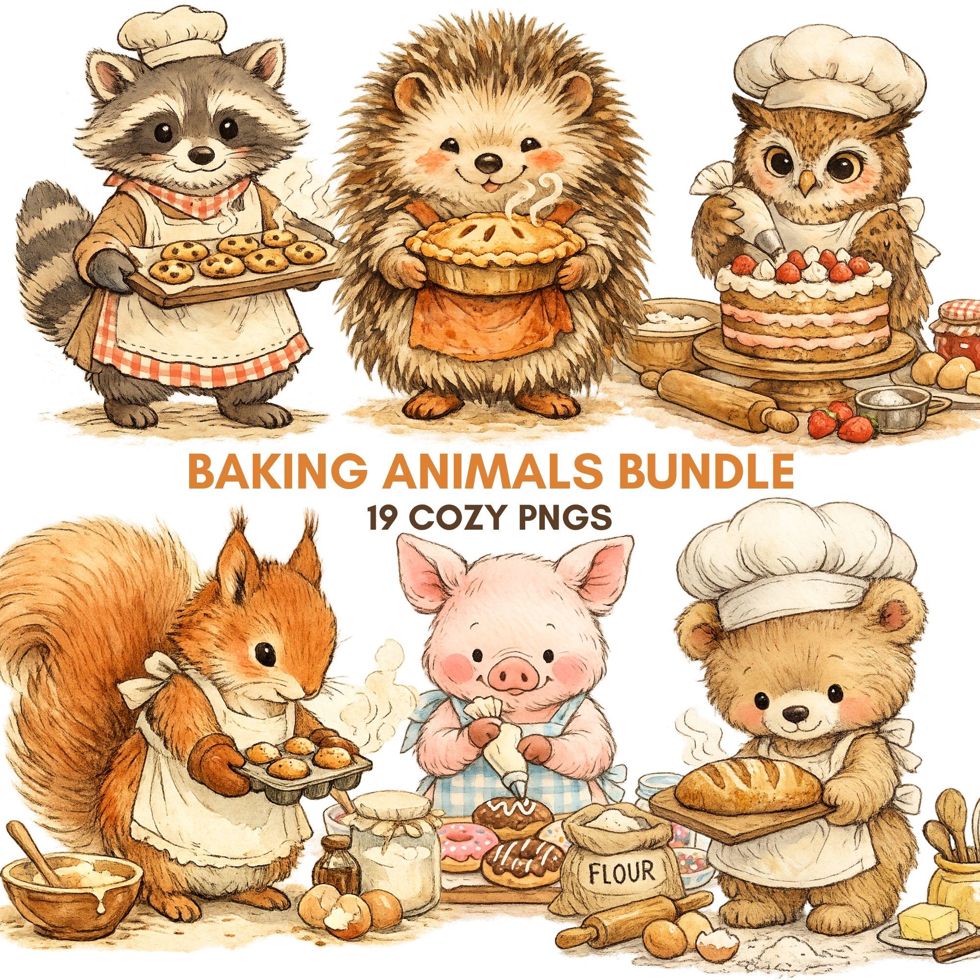 Baking Animals PNG Watercolor Clipart Bakery Animal Bundle Download