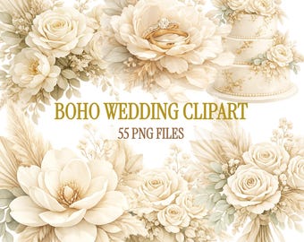 Boho Wedding Clipart PNG, Floral Wedding Bundle, Beige flowers, Pampas Grass, Invitation Design
