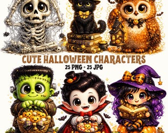 Halloween PNG Bundle + JPG Cute Spooky Characters | Digital Download | Commercial Use
