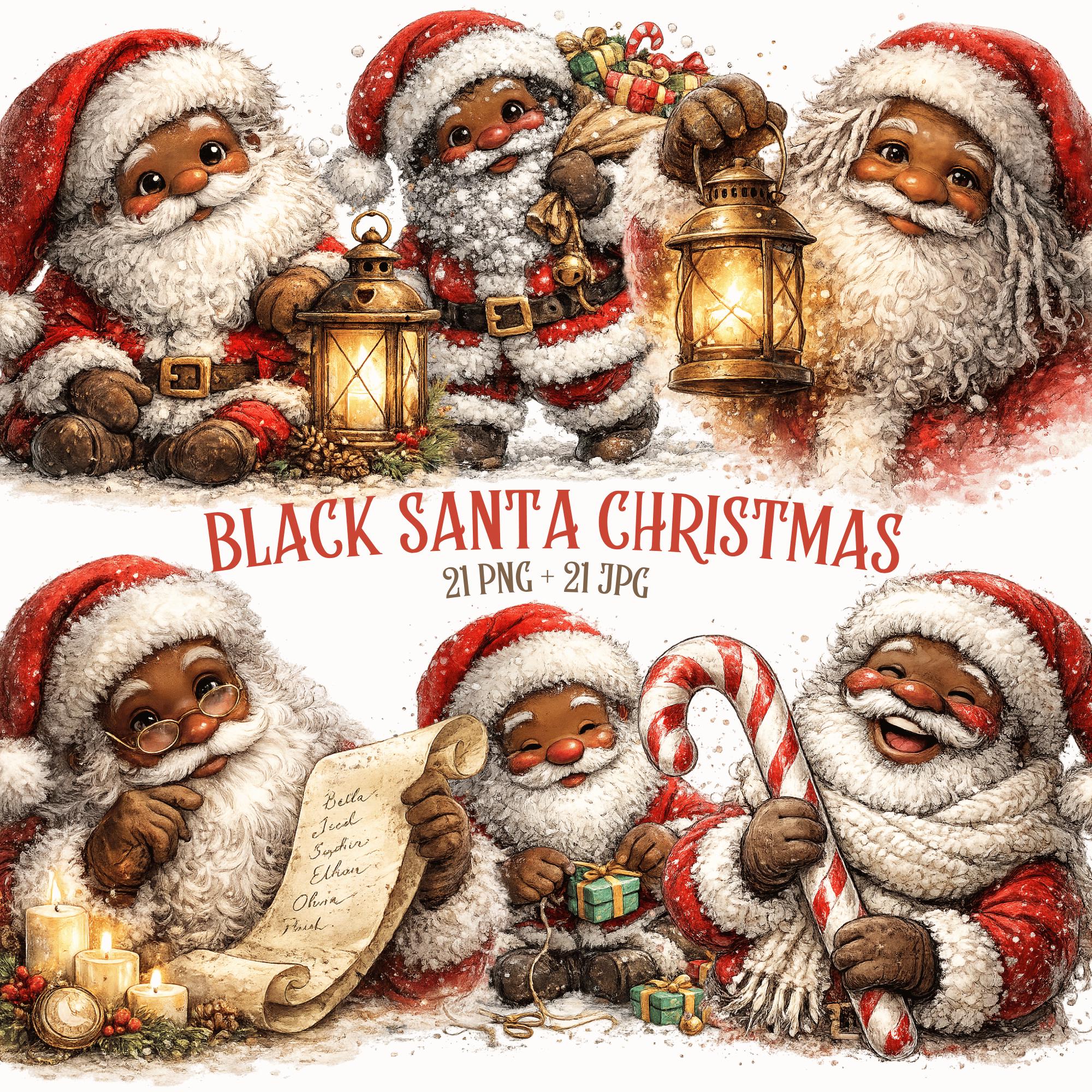 Black Santa Claus Bundle PNG and JPG | Holiday Clipart Set for Crafting | Digital download