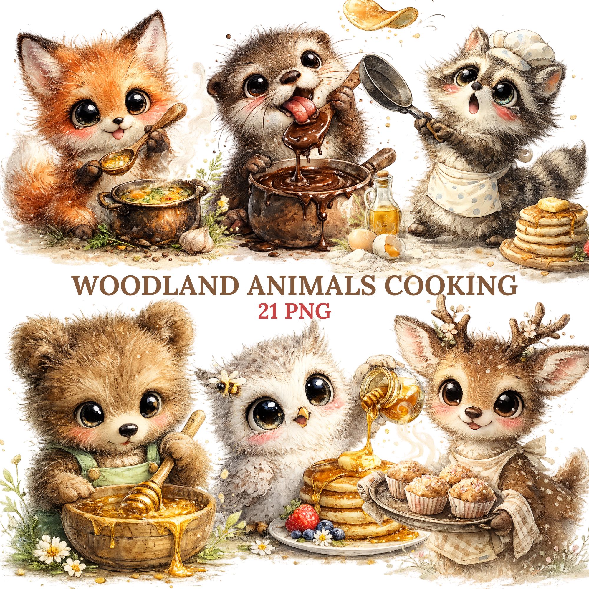 Cooking Animals PNG Bundle Woodland Bakery Clipart Dessert Sublimation Graphics