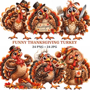 Può includere: Sei tacchini dei cartoni animati in varie pose e abiti, inclusi cappelli, un cappello da chef e una sciarpa. Un tacchino tiene un cartello con scritto Happy Thanksgiving, un altro una forchetta e un coltello, e uno tiene un piatto di cibo e una tazza. Testo: FUNNY THANKSGIVING TURKEY 24 PNG + 24 JPG.