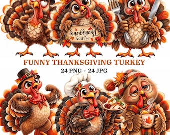 Thanksgiving Turkey Clipart | Watercolor Funny Designs | 24 PNG + JPG Files | 300 DPI Transparent Background | Commercial Use