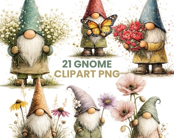 Gnome PNG Bundle, Spring Illustrations, Floral Characters, Garden Decor Art, Digital Download, Commercial Use