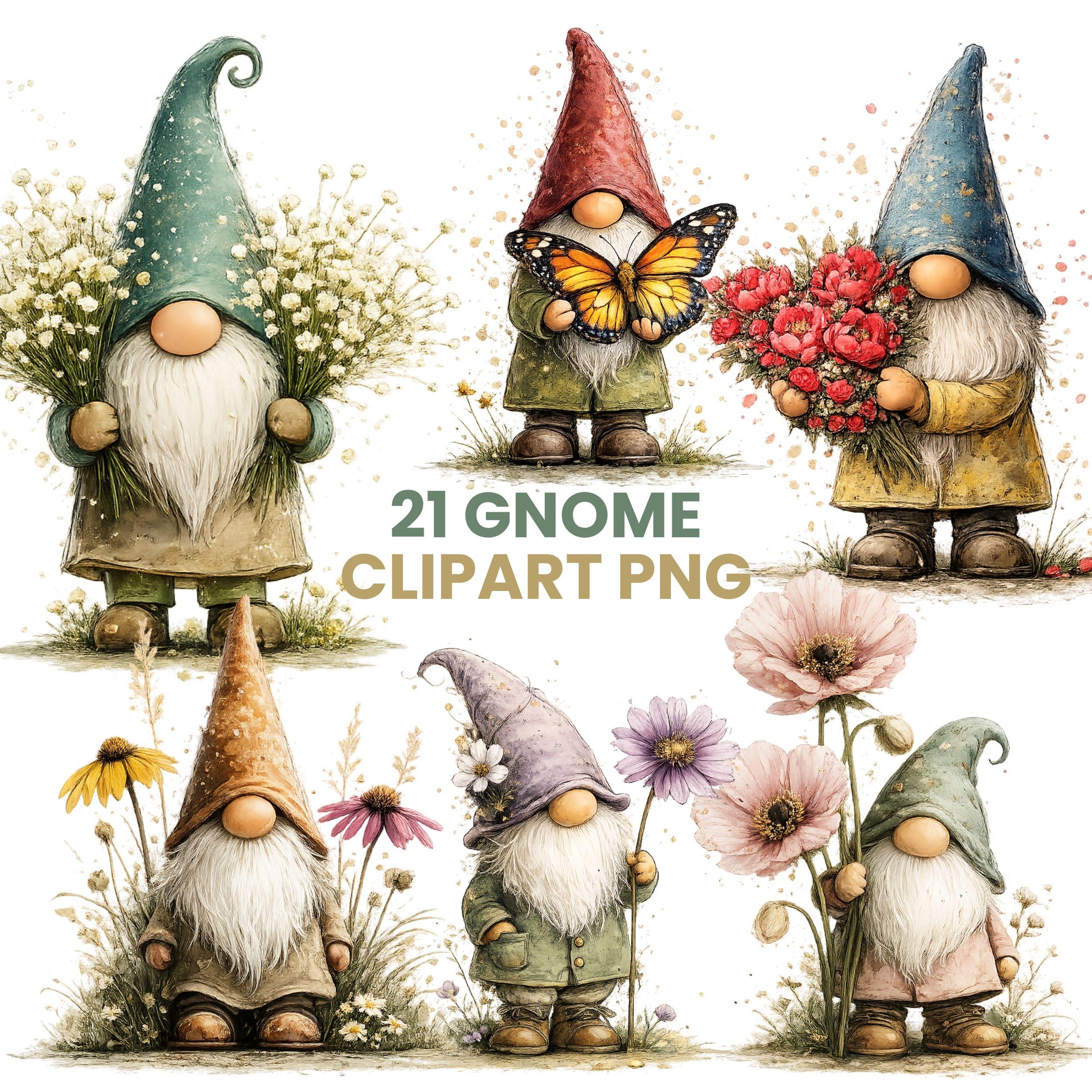 Gnome PNG Bundle, Spring Illustrations, Floral Characters, Garden Decor Art, Digital Download, Commercial Use
