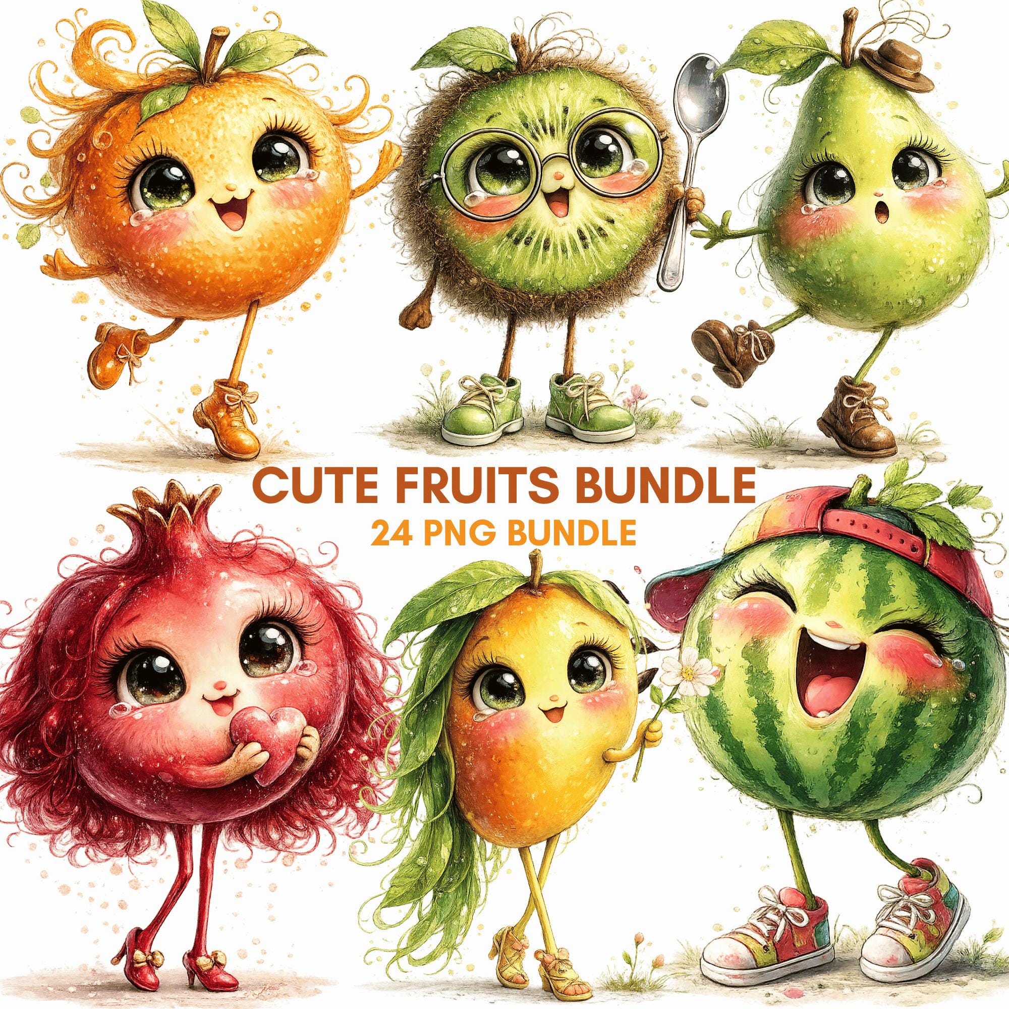 Fruit Clipart PNG Bundle Watercolor Kawaii Food Character Graphics