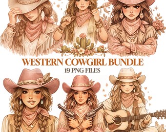 Western Cowgirl Clipart Bundle | Boho Illustrations | 19 PNG | 300 DPI Transparent Background | Commercial Use