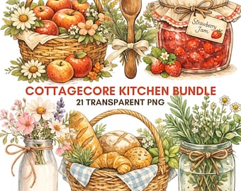 Kitchen Clipart For Printables | Cottagecore Watercolor Teapots Bread Jars Herbs | 21 PNG Transparent 300 DPI Digital Download
