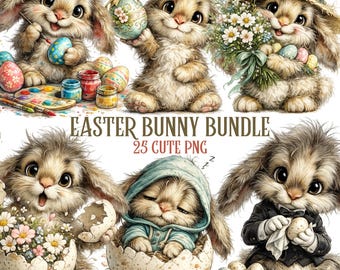 Watercolor Bunny Illustrations | Easter Clipart PNG Bundle | 25 Files | 300 DPI | Transparent Background