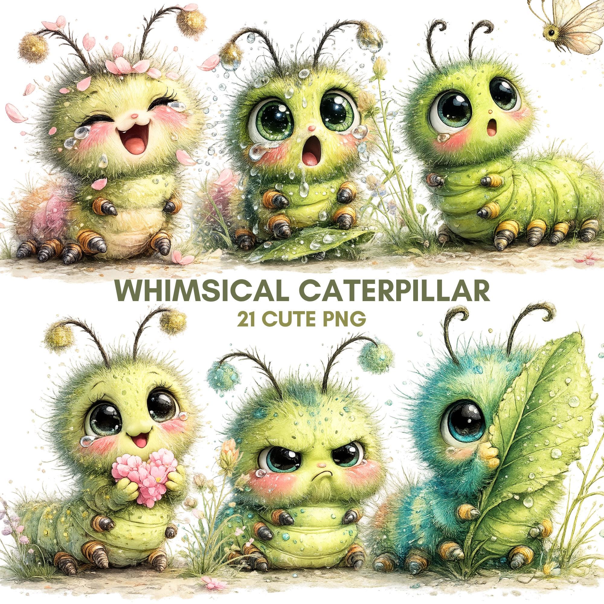Caterpillar PNG Bundle Watercolor Bug Clipart Insect Sublimation Graphics Digital Download