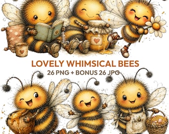 Bee Clipart Bundle | Whimsical Illustrations For Kids | 26 PNG + JPG Files | 300 DPI Transparent Background | Commercial Use