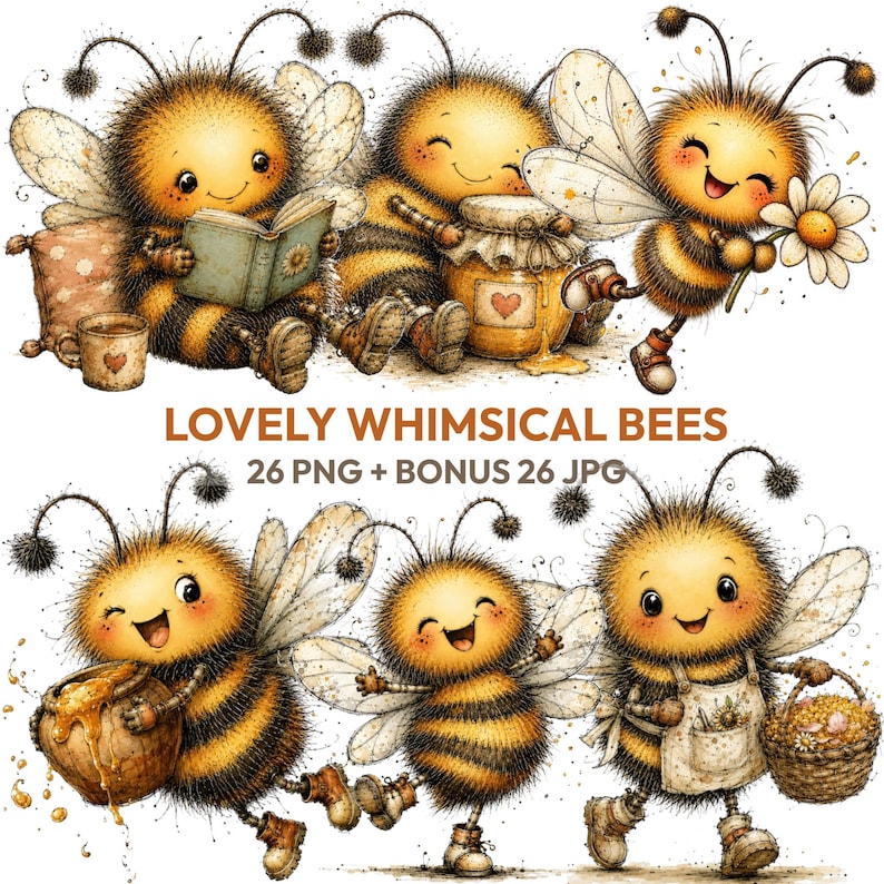 Bee Clipart Bundle | Whimsical Illustrations for Kids | 26 PNG + JPG ...