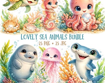 Ocean Clipart PNG + JPG Bundle Sea Life Nursery Marine Animal Graphics | Digital Download