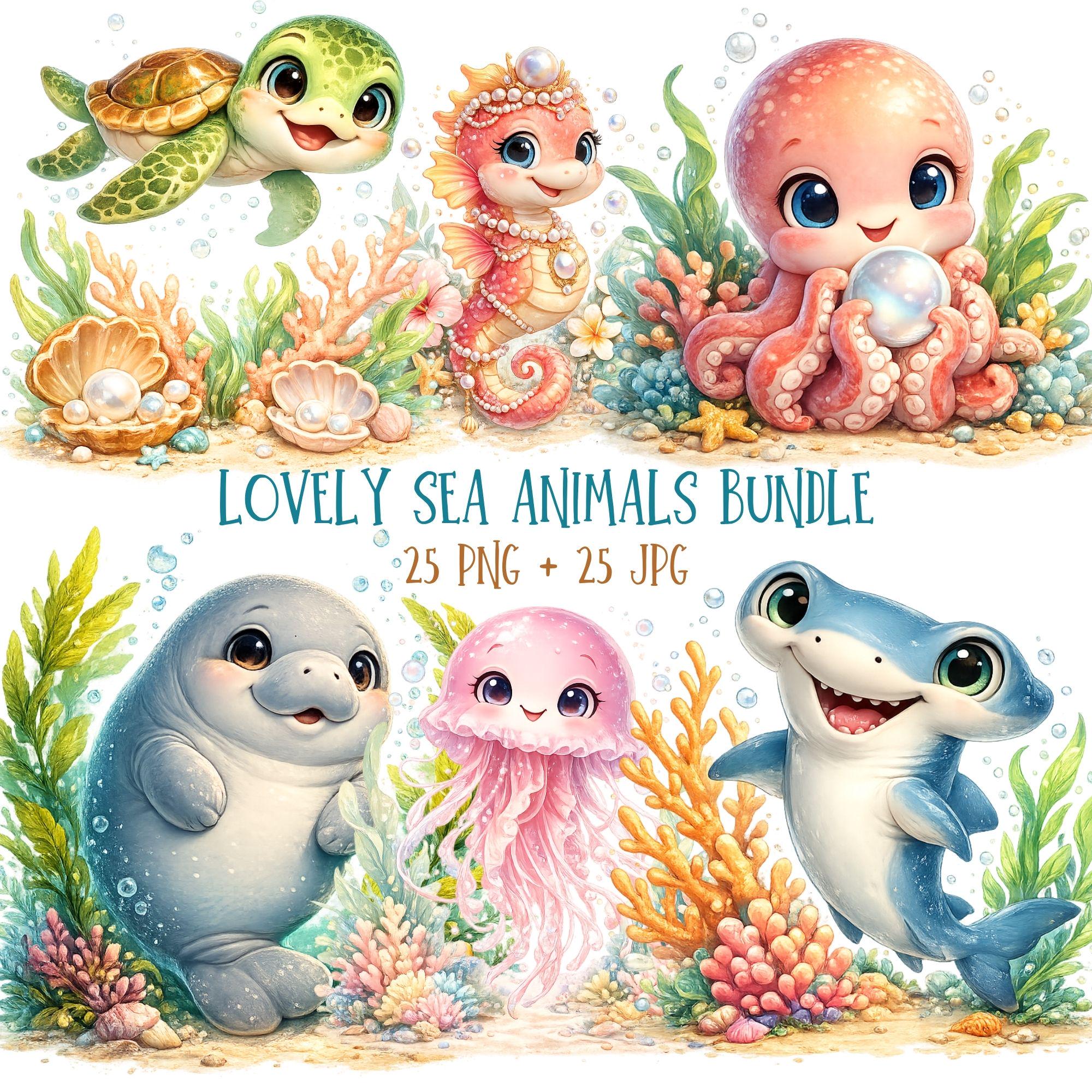 Ocean Clipart PNG + JPG Bundle Sea Life Nursery Marine Animal Graphics | Digital Download