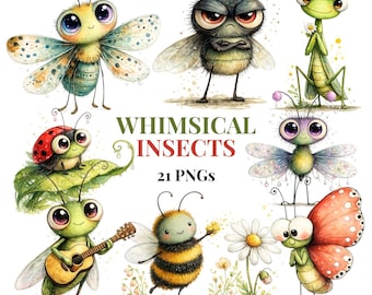 Whimsical Insect Clipart Bundle, Bug Illustrations, Kids Nursery Graphics (21 PNGs)