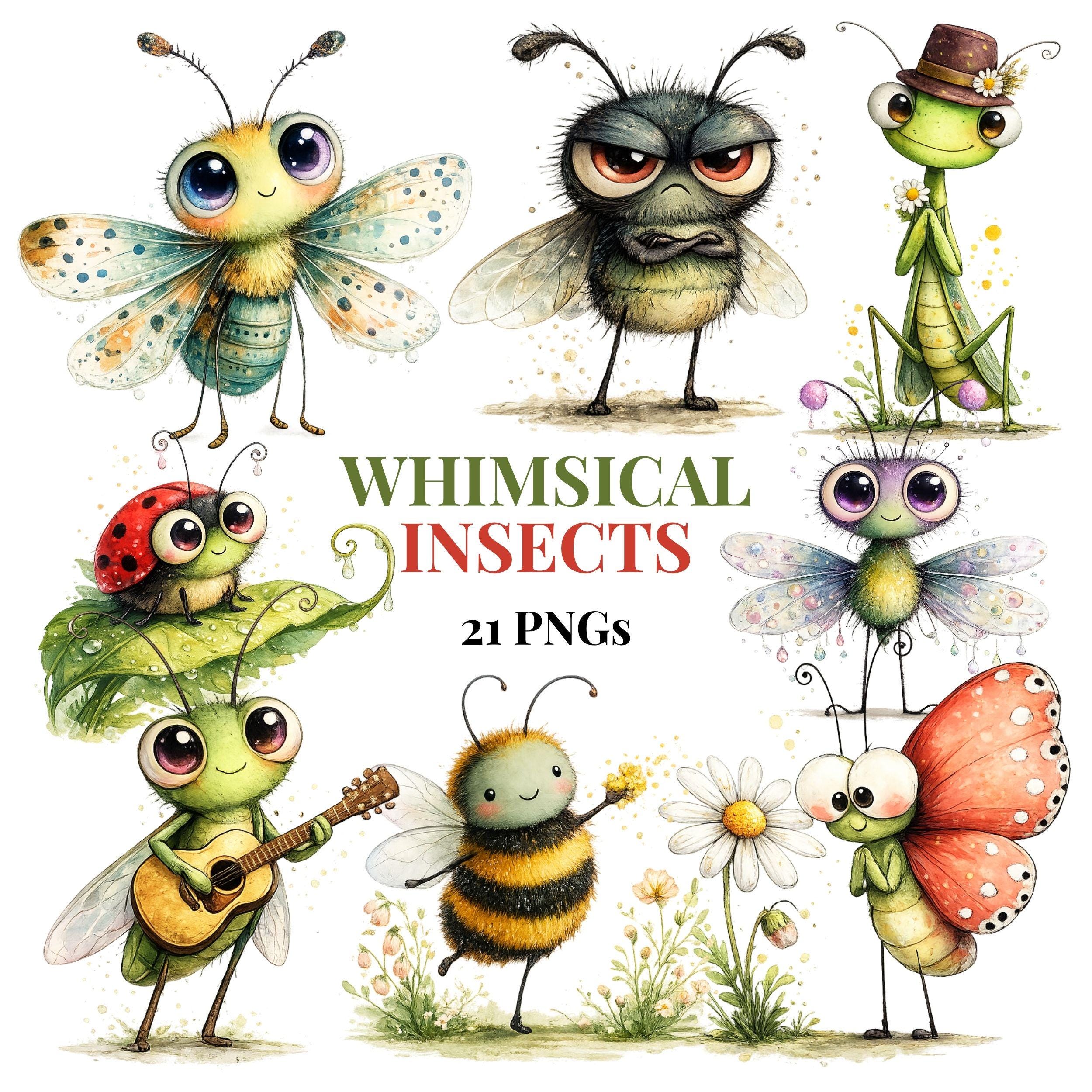 Whimsical Insect Clipart Bundle, Bug Illustrations, Kids Nursery Graphics (21 PNGs)