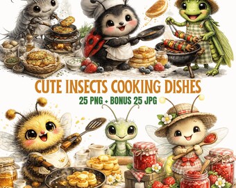 Watercolor Kawaii Insects Cooking Clipart Bundle, 25 PNG + JPG, For Teachers And Crafters