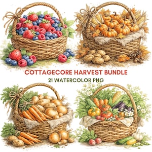 May include: Watercolor illustration of four woven baskets filled with harvest items. One basket holds berries, another pumpkins, a third potatoes and onions, and the last vegetables. Text reads "Cottagecore Harvest Bundle 21 Watercolor PNG."