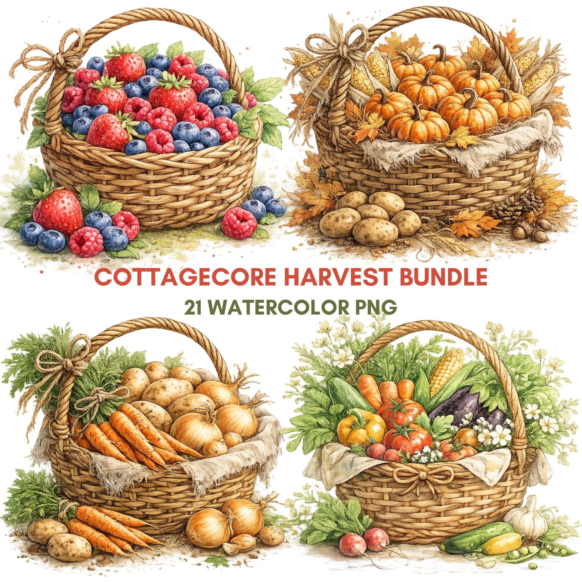 Cottagecore Clipart Autumn Harvest Basket Vegetables Fruits Kitchen PNG Bundle