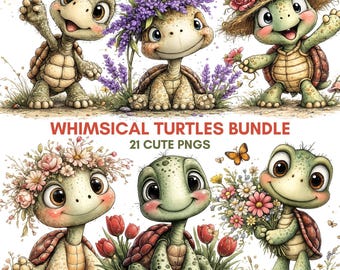 Turtles PNG Watercolor Clipart Baby Turtle Floral Bundle Download