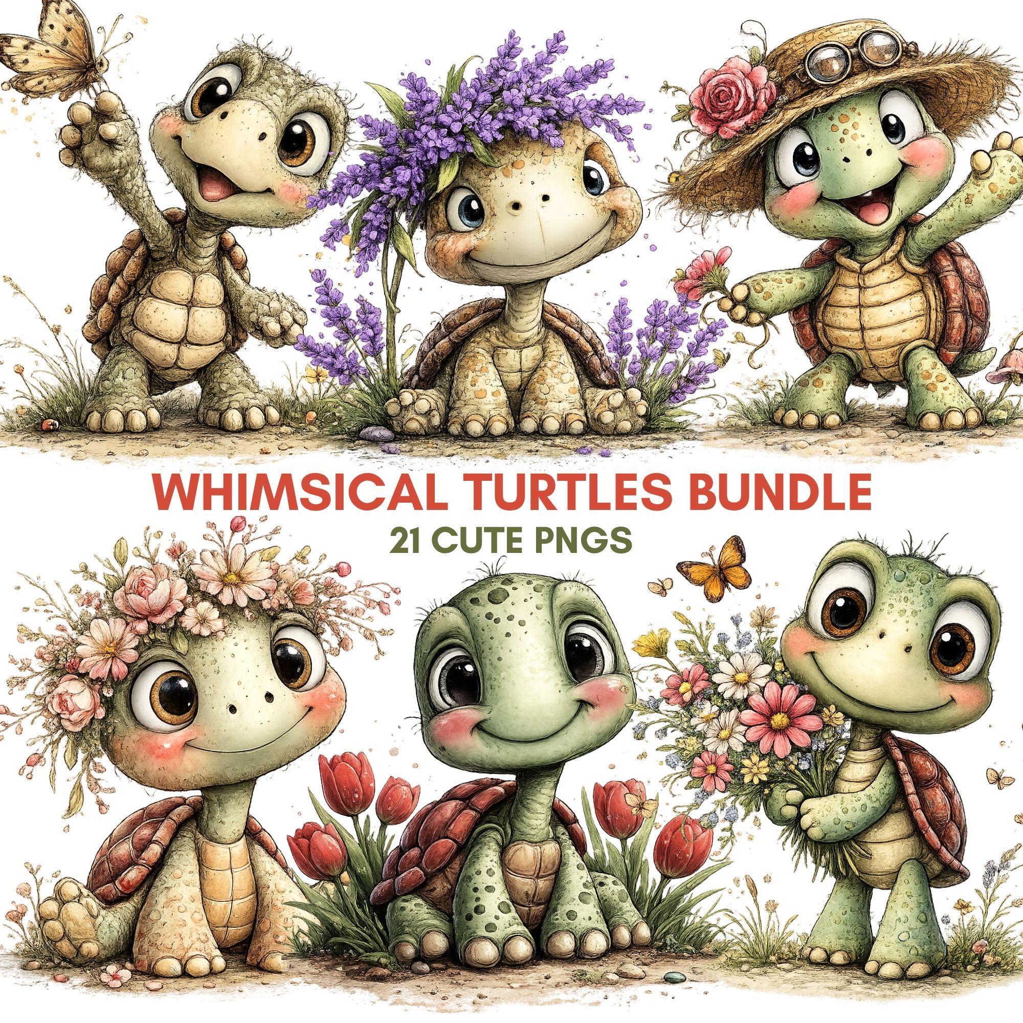 Turtles PNG Watercolor Clipart Baby Turtle Floral Bundle Download