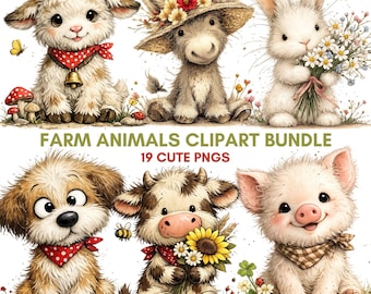 Farm Animals Clipart PNG Bundle, Storybook Illustrations, Transparent Background (Digital Download)