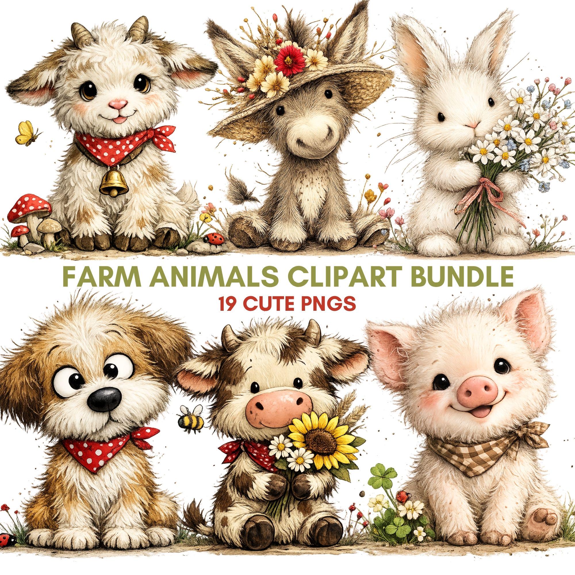 Farm Animals Clipart PNG Bundle, Storybook Illustrations, Transparent Background (Digital Download)