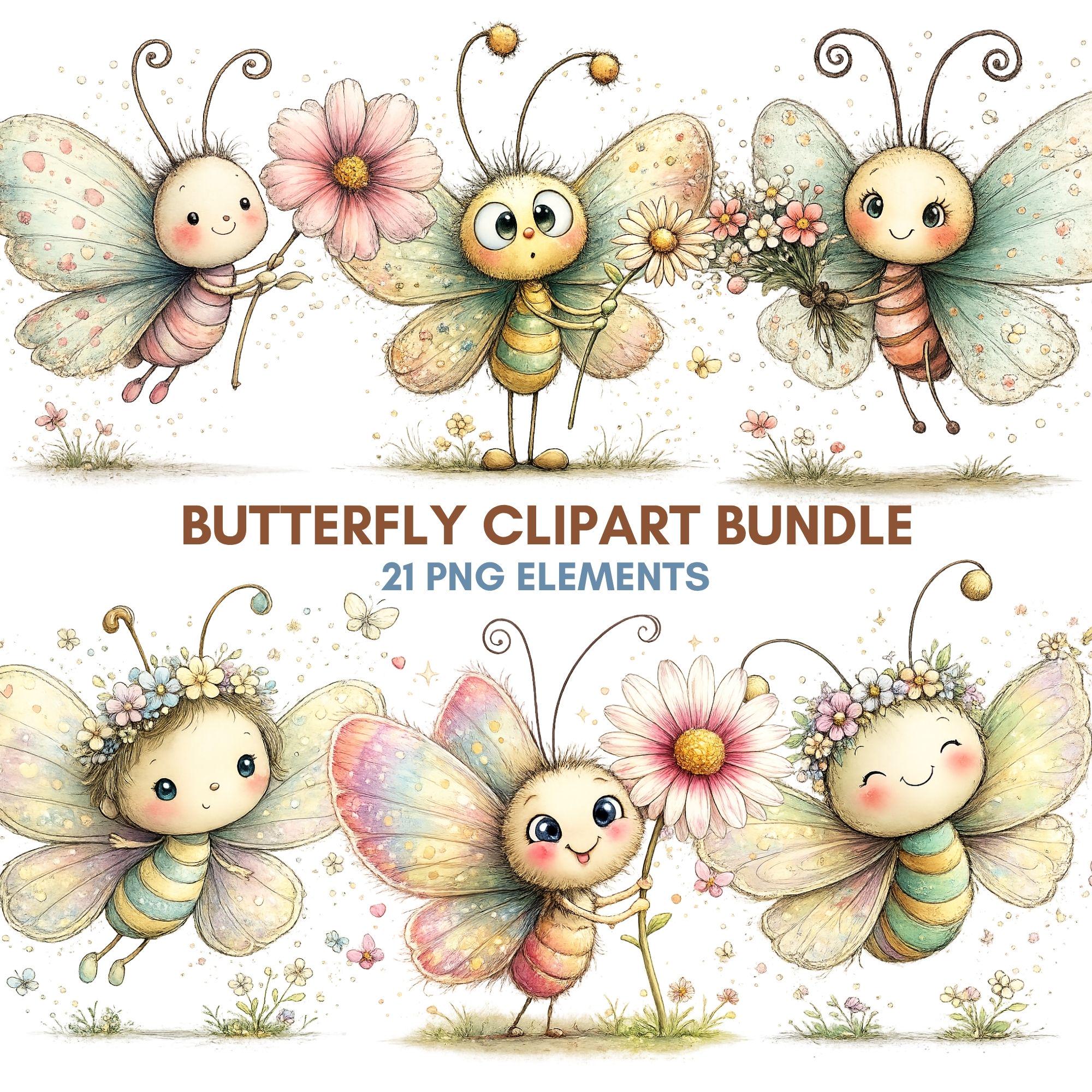Butterfly Clipart PNG Bundle Watercolor Floral Insect Set Sublimation Design