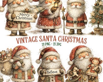 Vintage Santa Christmas Clipart Set | Retro Holiday PNG and JPG Graphics | Digital download