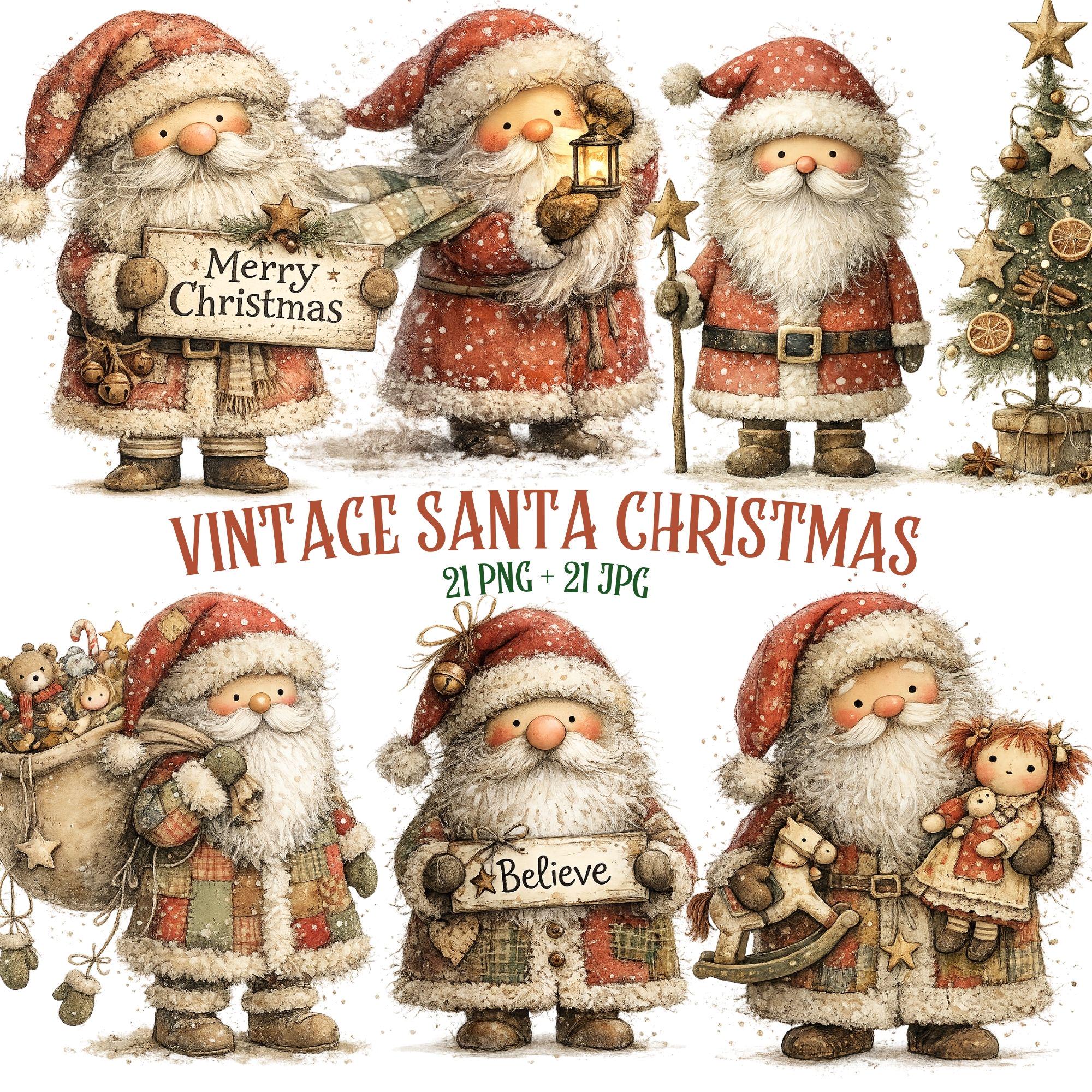 Vintage Santa Christmas Clipart Set | Retro Holiday PNG and JPG Graphics | Digital download