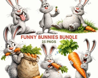 25 PNG Bunny Clipart Files | Rabbits In Funny Poses For Stickers Cricut Sublimation | Transparent Background