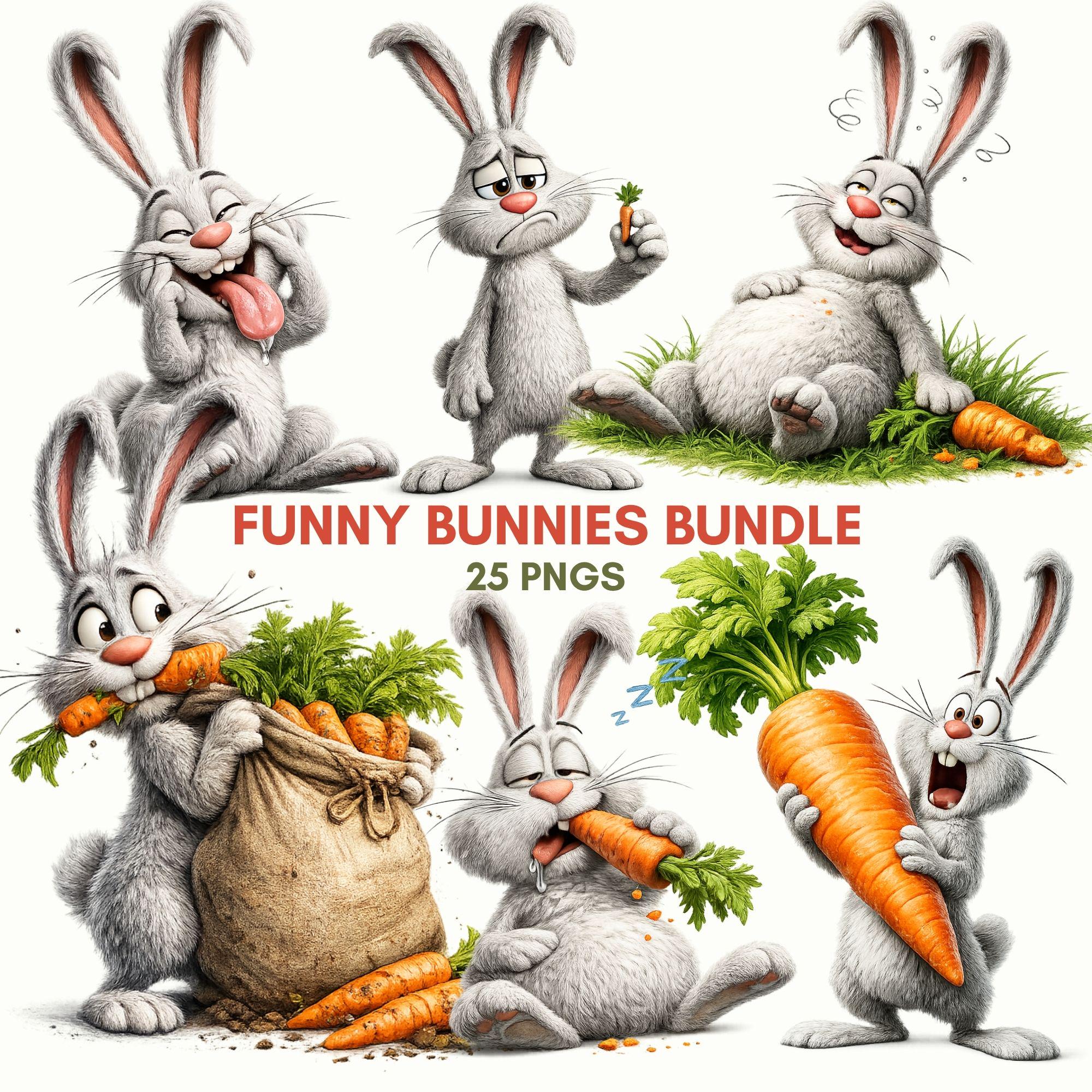 Bunny Clipart PNG Rabbits Funny Actions for Kids Materials Cards Prints Bundle