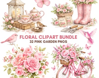 Pink Floral Clipart Bundle, Romantic Garden Illustrations, Vintage Flowers (Digital Download)