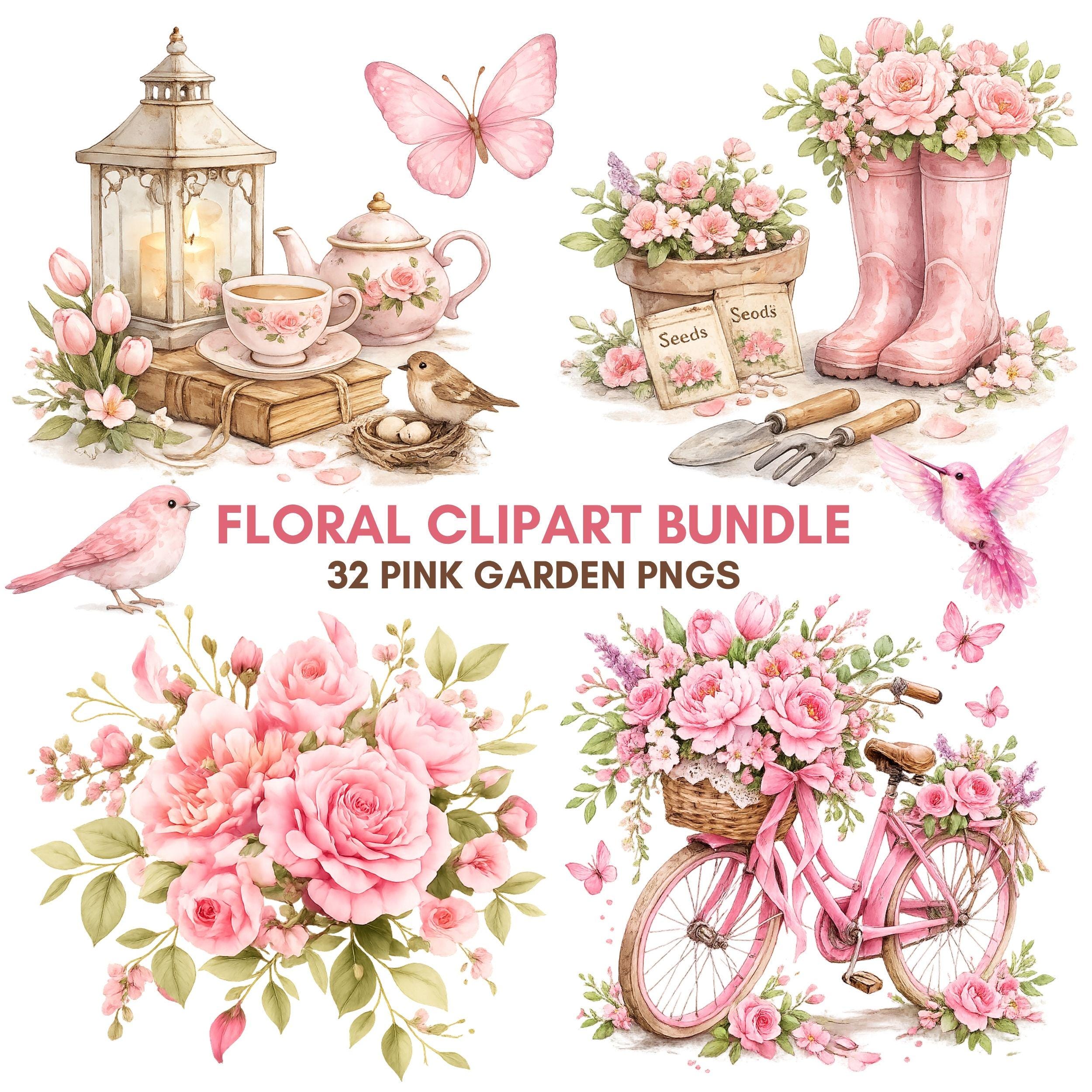 Pink Floral Clipart Bundle, Romantic Garden Illustrations, Vintage Flowers (Digital Download)