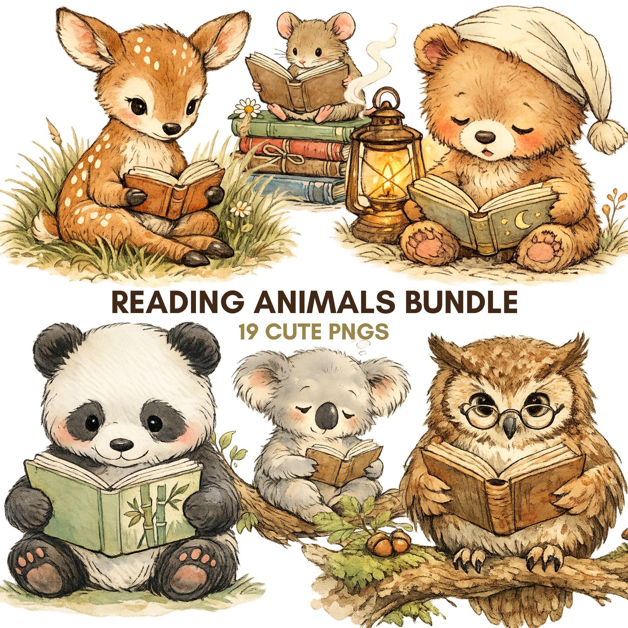 Reading Animals PNG Watercolor Clipart Forest Animal Bundle Download